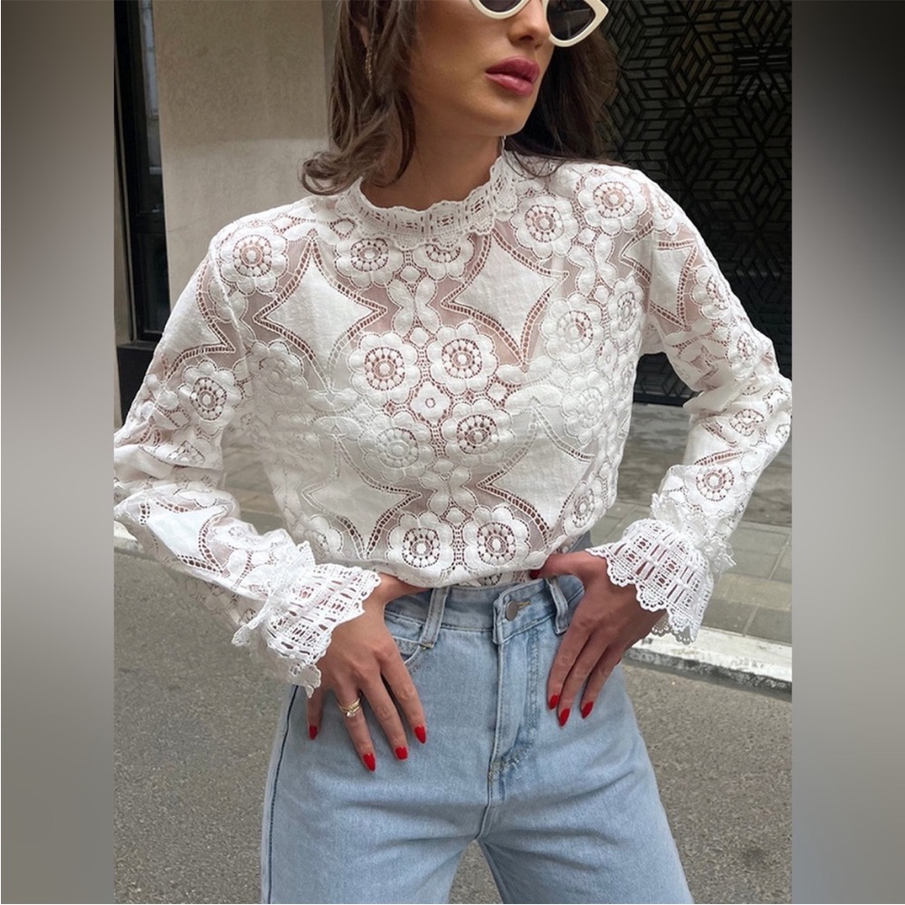 Lace Embroidery Floral Mock Neck Blouse